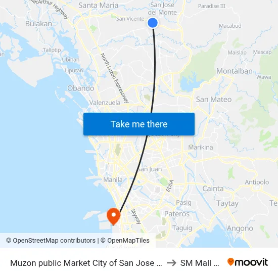 Muzon public Market City of San Jose del Monte Manila to SM Mall of Asia map