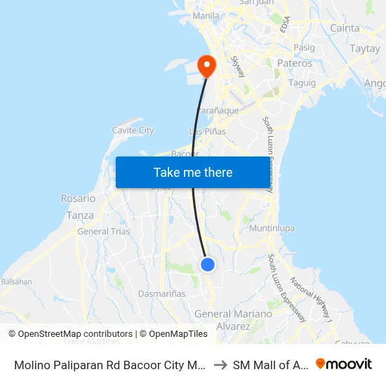 Molino Paliparan Rd Bacoor City Manila to SM Mall of Asia map