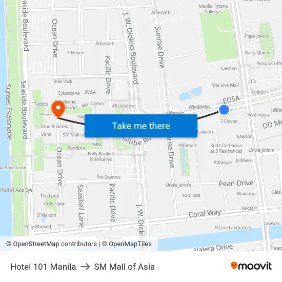 Hotel 101 Manila to SM Mall of Asia map