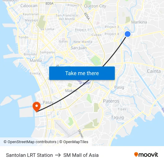 Santolan LRT Station to SM Mall of Asia map