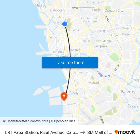LRT Papa Station, Rizal Avenue, Caloocan City to SM Mall of Asia map