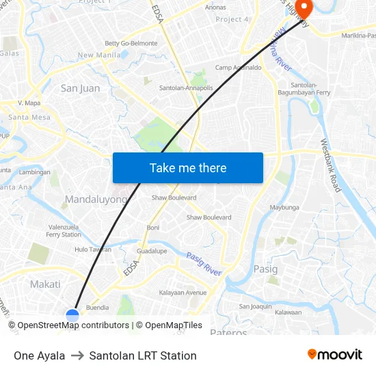 One Ayala to Santolan LRT Station map