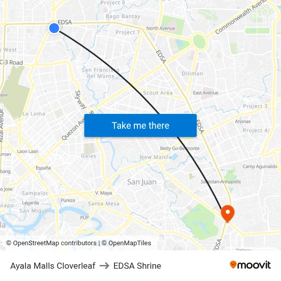 Ayala Malls Cloverleaf to EDSA Shrine map