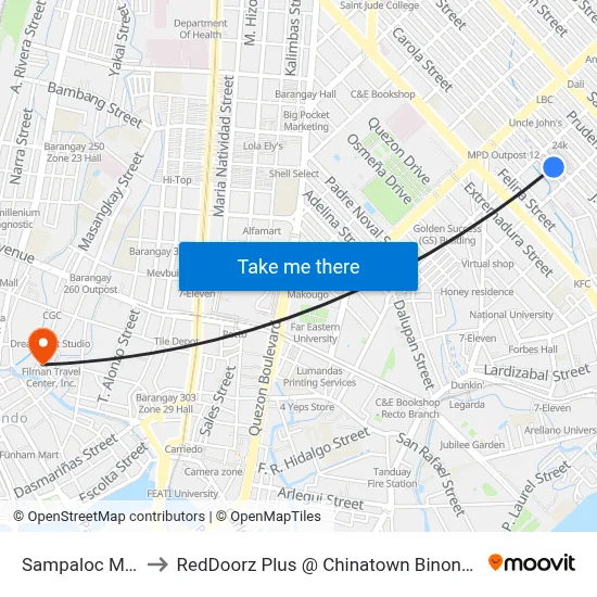 Sampaloc Manila to RedDoorz Plus @ Chinatown Binondo, Manila map