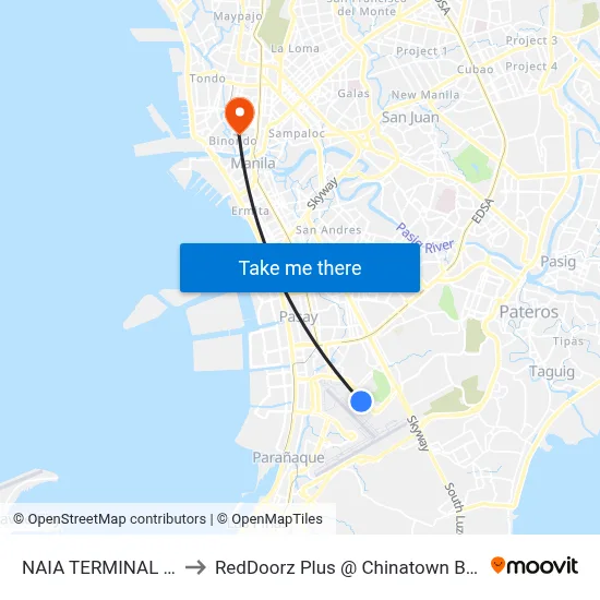 NAIA TERMINAL 3 Station to RedDoorz Plus @ Chinatown Binondo, Manila map