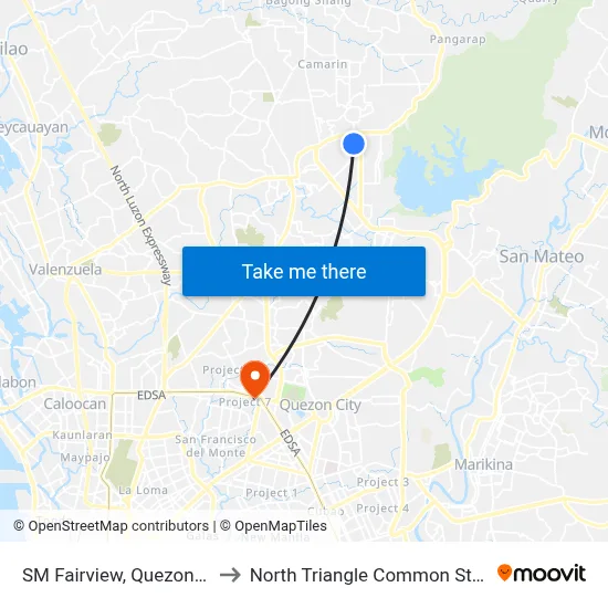 SM Fairview, Quezon City to North Triangle Common Station map