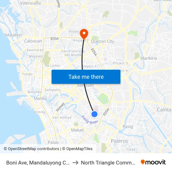 Boni Ave, Mandaluyong City, Manila to North Triangle Common Station map