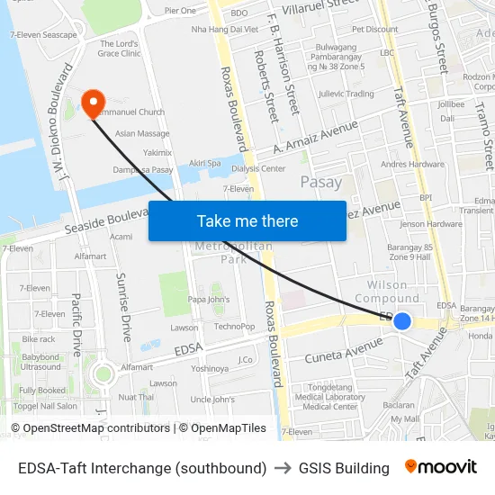 EDSA-Taft Interchange (southbound) to GSIS Building map