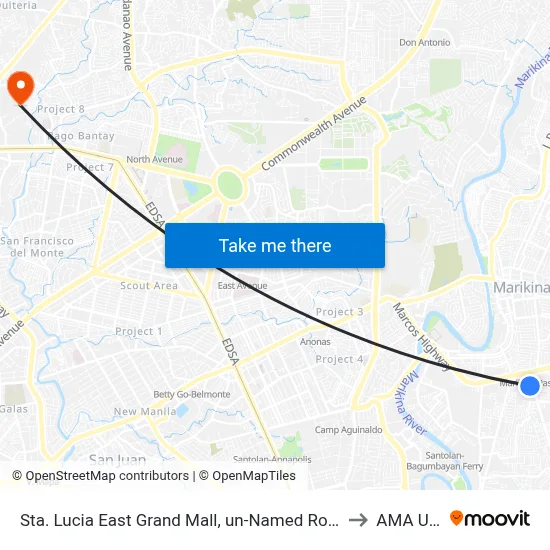 Sta. Lucia East Grand Mall, un-Named Road Near Felix Road, Cainta, Manila to AMA University map