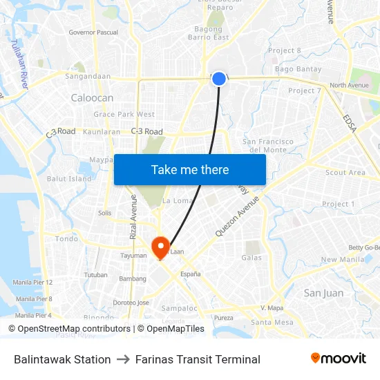 Balintawak Station to Farinas Transit Terminal map
