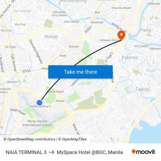 NAIA TERMINAL 3 to MySpace Hotel @BGC, Manila map