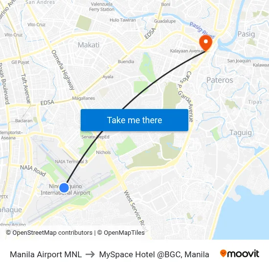 Manila Airport MNL to MySpace Hotel @BGC, Manila map