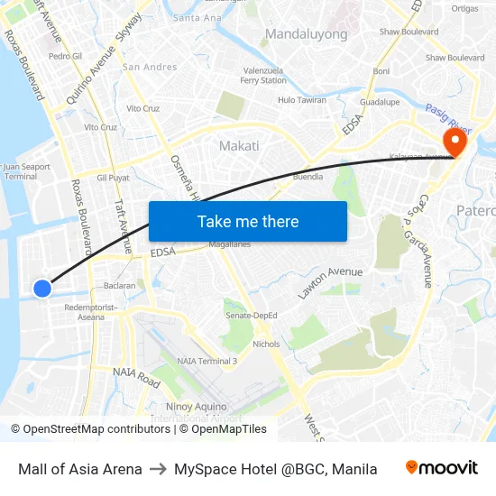 Mall of Asia Arena to MySpace Hotel @BGC, Manila map