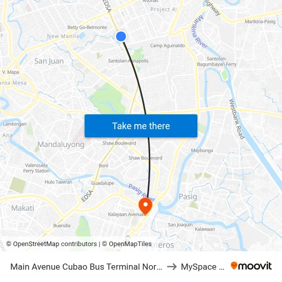 Main Avenue Cubao Bus Terminal Northbound, EDSA, Epifanio de los Santos AV, Quezon City, Manila to MySpace Hotel @BGC, Manila map