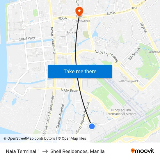 Naia Terminal 1 to Shell Residences, Manila map