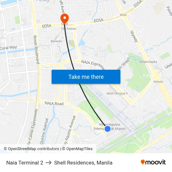 Naia Terminal 2 to Shell Residences, Manila map