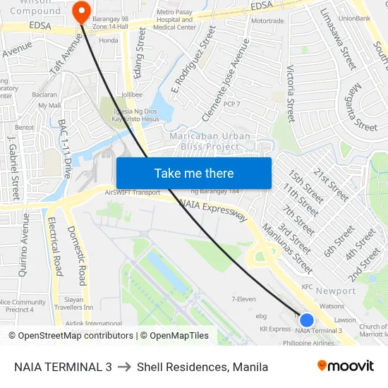 NAIA TERMINAL 3 to Shell Residences, Manila map