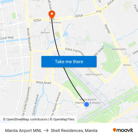 Manila Airport MNL to Shell Residences, Manila map