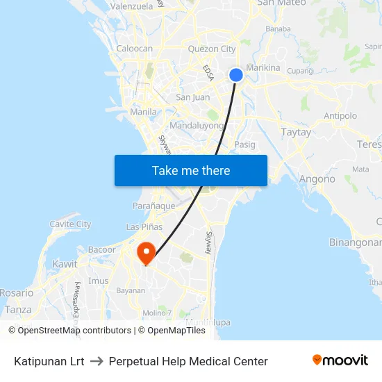 Katipunan Lrt to Perpetual Help Medical Center map