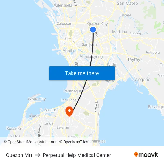 Quezon Mrt to Perpetual Help Medical Center map