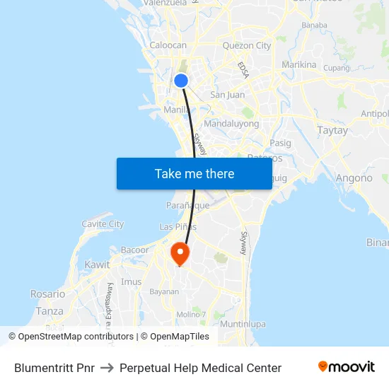 Blumentritt Pnr to Perpetual Help Medical Center map