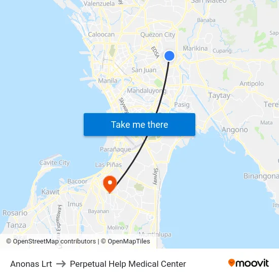 Anonas Lrt to Perpetual Help Medical Center map