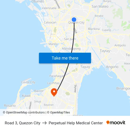 Road 3, Quezon City to Perpetual Help Medical Center map