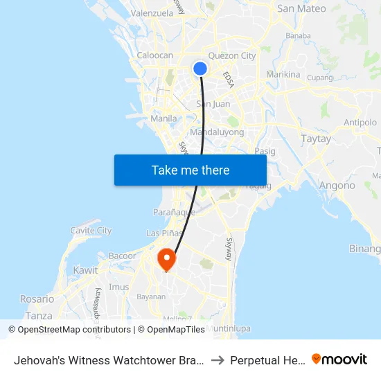 Jehovah's Witness Watchtower Branch Office, Roosevelt Avenue, Quezon City to Perpetual Help Medical Center map