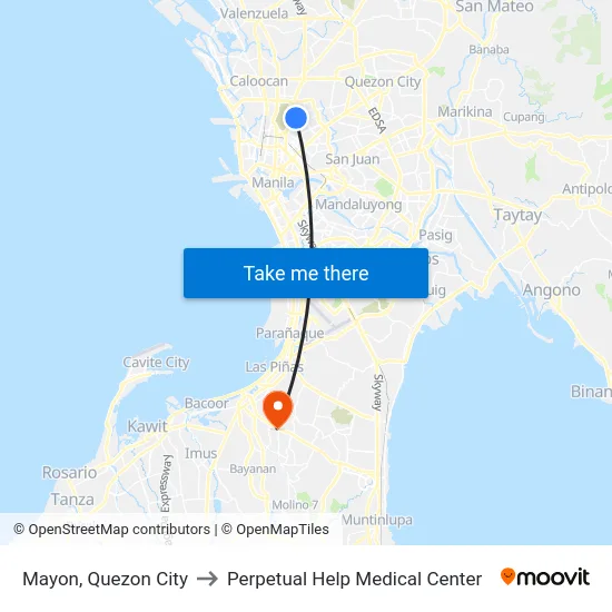Mayon, Quezon City to Perpetual Help Medical Center map