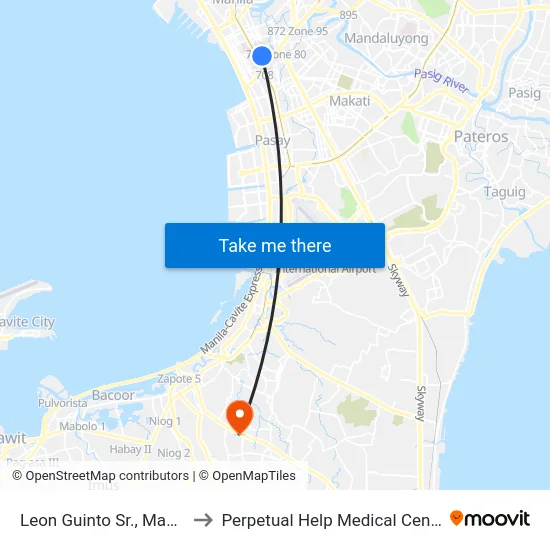 Leon Guinto Sr., Manila to Perpetual Help Medical Center map