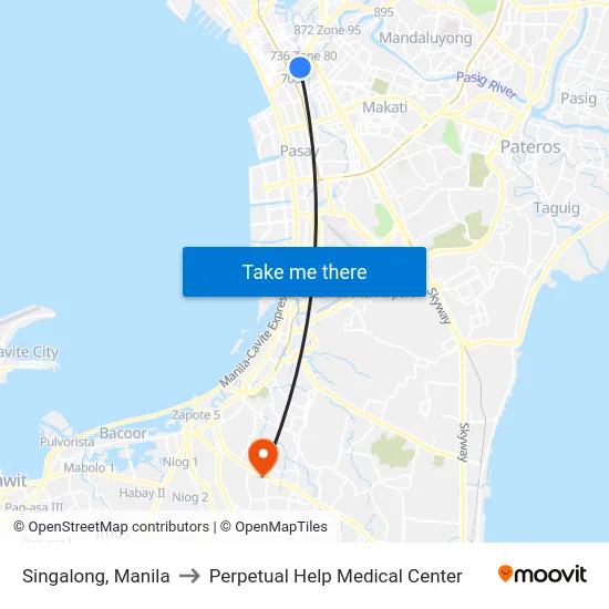 Singalong, Manila to Perpetual Help Medical Center map