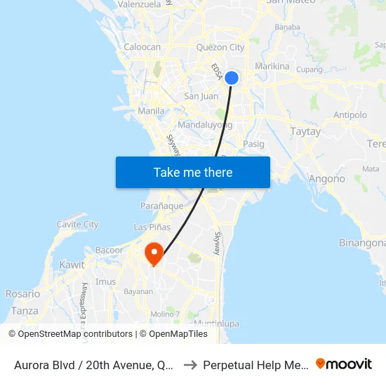 Aurora Blvd / 20th Avenue, Quezon City, Manila to Perpetual Help Medical Center map
