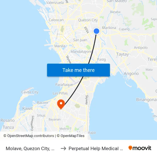 Molave, Quezon City, Manila to Perpetual Help Medical Center map