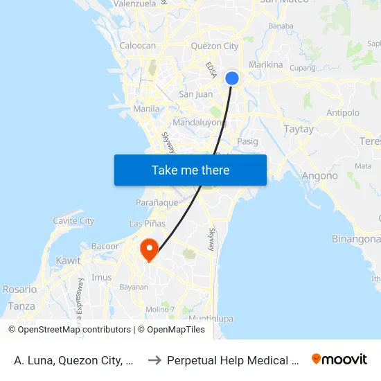 A. Luna, Quezon City, Manila to Perpetual Help Medical Center map