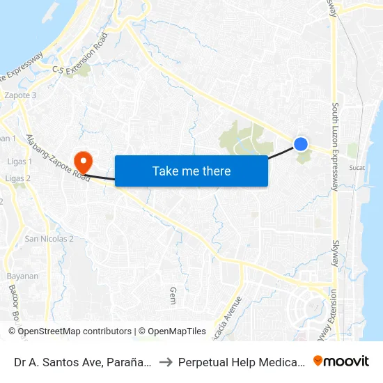 Dr A. Santos Ave, Parañaque City to Perpetual Help Medical Center map