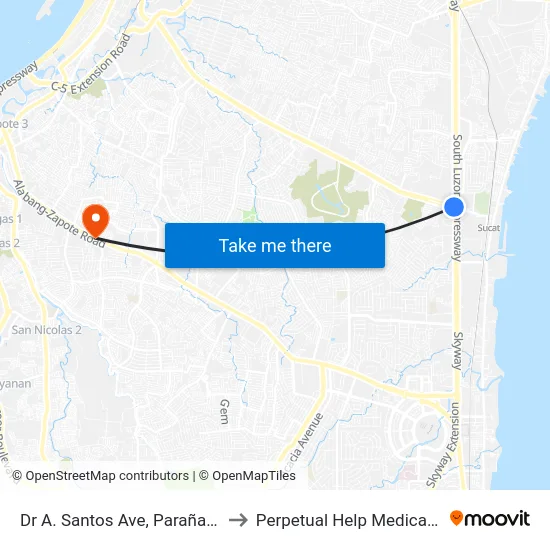 Dr A. Santos Ave, Parañaque City to Perpetual Help Medical Center map