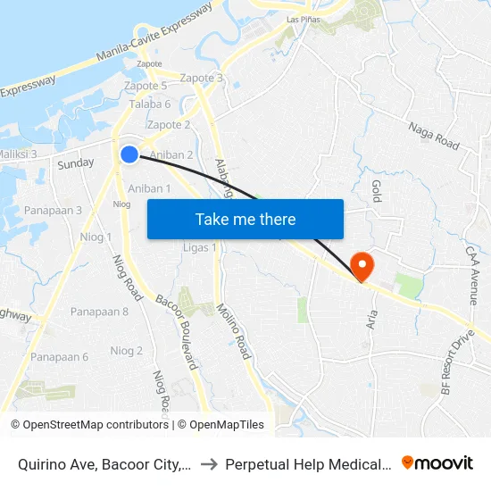 Quirino Ave, Bacoor City, Manila to Perpetual Help Medical Center map