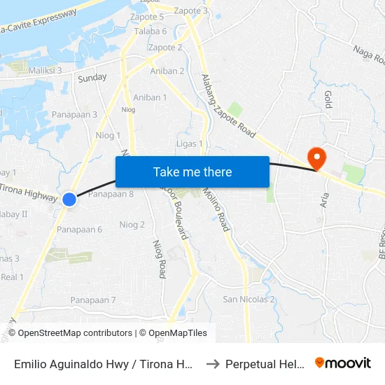 Emilio Aguinaldo Hwy / Tirona Hwy Intersection, Bacoor City, Manila to Perpetual Help Medical Center map
