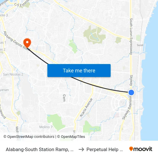 Alabang-South Station Ramp, Muntinlupa City, Manila to Perpetual Help Medical Center map