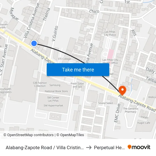 Alabang-Zapote Road / Villa Cristina Ave Intersection, Las Piñas City, Manila to Perpetual Help Medical Center map
