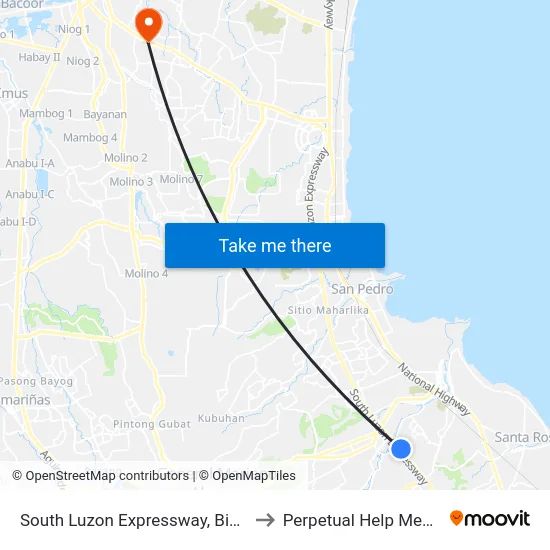 South Luzon Expressway, Biñan City, Manila to Perpetual Help Medical Center map