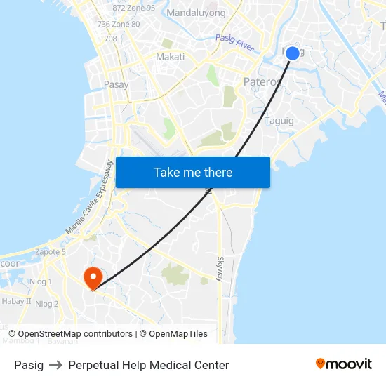 Pasig to Perpetual Help Medical Center map