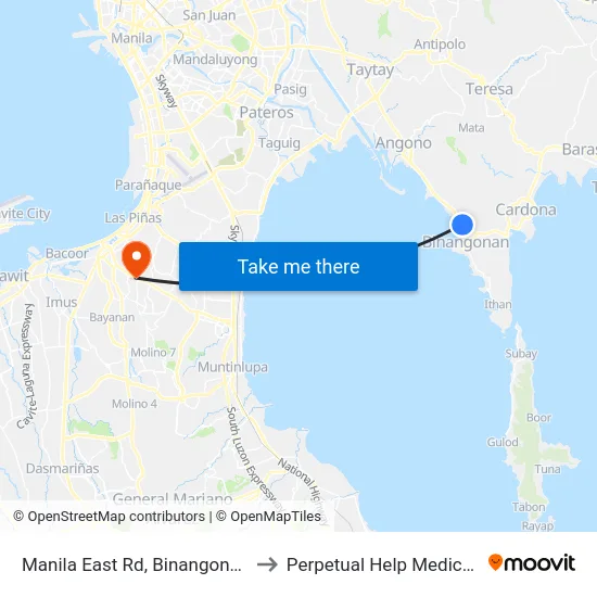 Manila East Rd, Binangonan, Manila to Perpetual Help Medical Center map