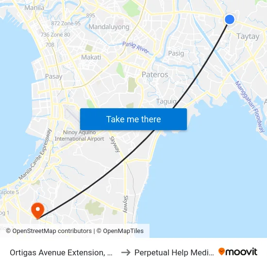 Ortigas Avenue Extension, Cainta, Manila to Perpetual Help Medical Center map