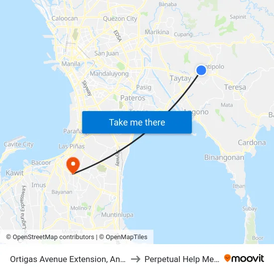 Ortigas Avenue Extension, Antipolo City, Manila to Perpetual Help Medical Center map