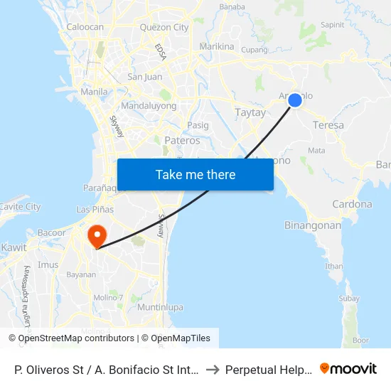 P. Oliveros St / A. Bonifacio St Intersection, Antipolo City, Manila to Perpetual Help Medical Center map