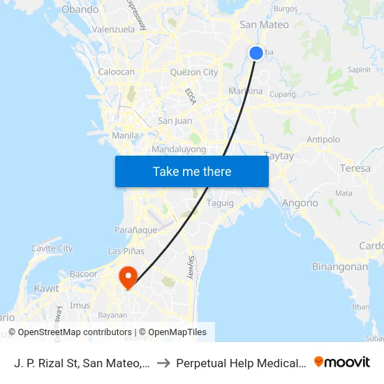 J. P. Rizal St, San Mateo, Manila to Perpetual Help Medical Center map