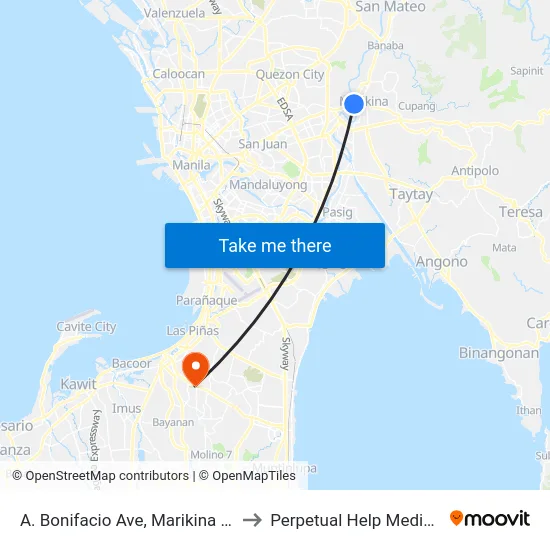 A. Bonifacio Ave, Marikina City, Manila to Perpetual Help Medical Center map