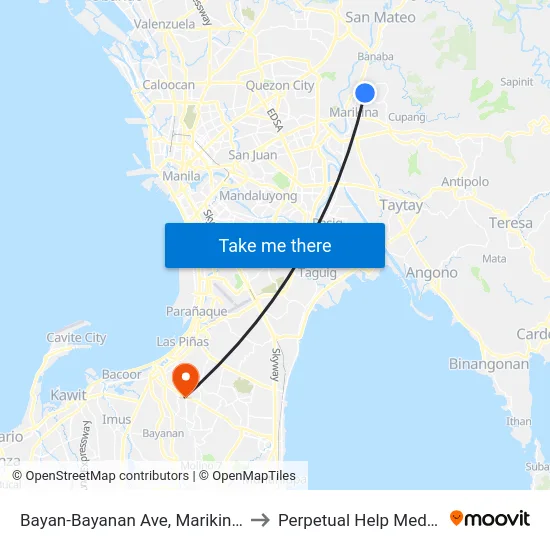 Bayan-Bayanan Ave, Marikina City, Manila to Perpetual Help Medical Center map