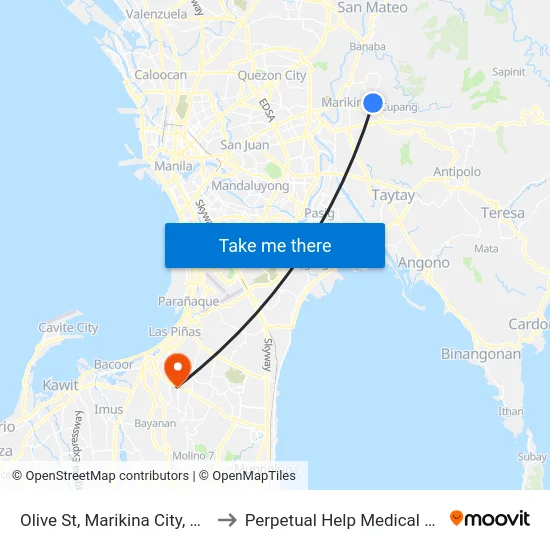 Olive St, Marikina City, Manila to Perpetual Help Medical Center map